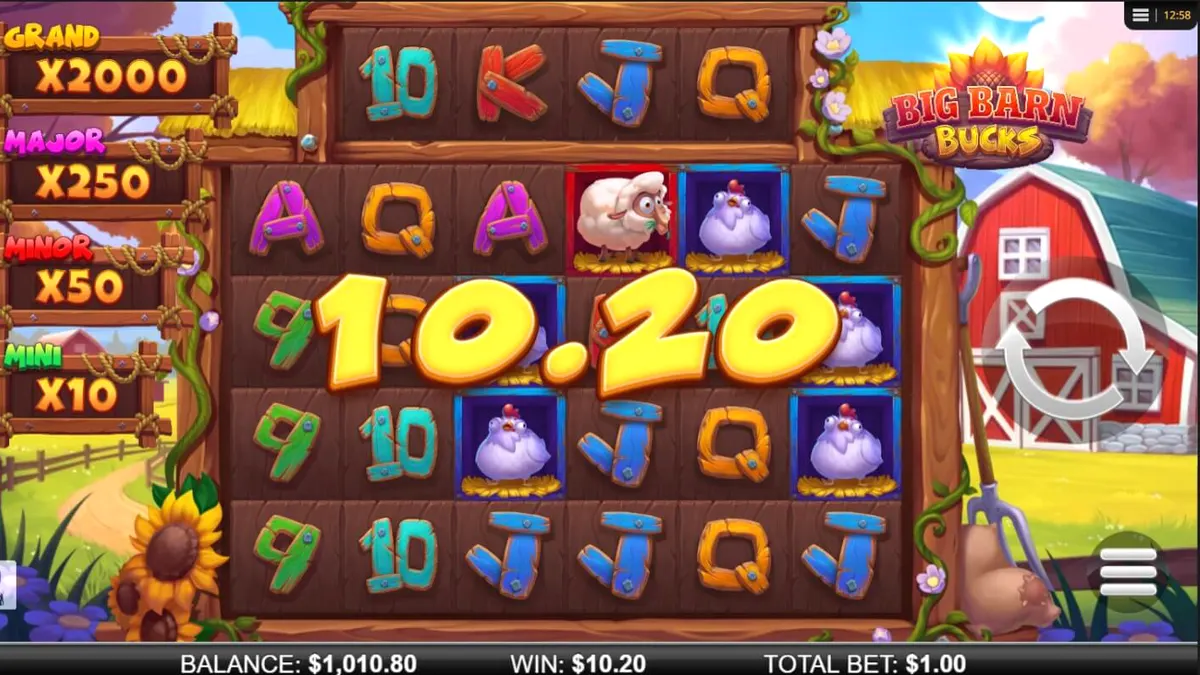Tampilan visual slot Big Barn Bucks dengan tema peternakan dan hewan ternak yang ceria.